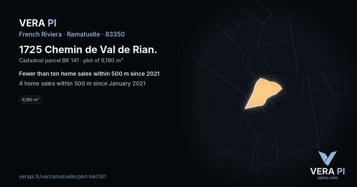 1725 Chemin de Val de Rian, Ramatuelle at night – the plot lit, the parcels around coloured by the prices near them