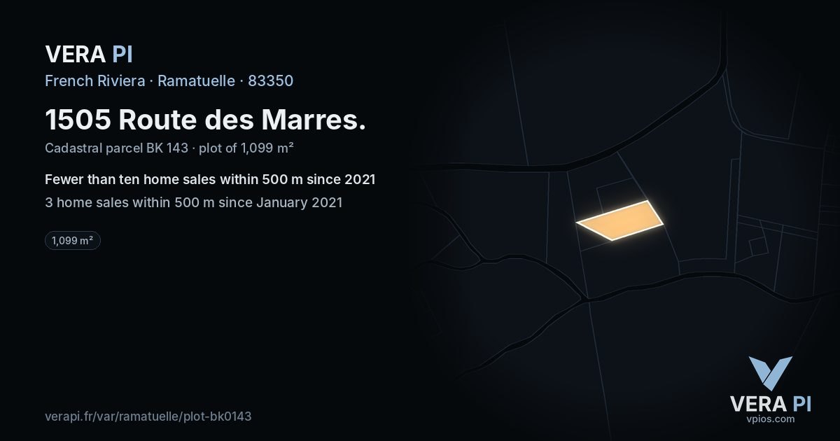 1505 Route des Marres, Ramatuelle at night – the plot lit, the parcels around coloured by the prices near them