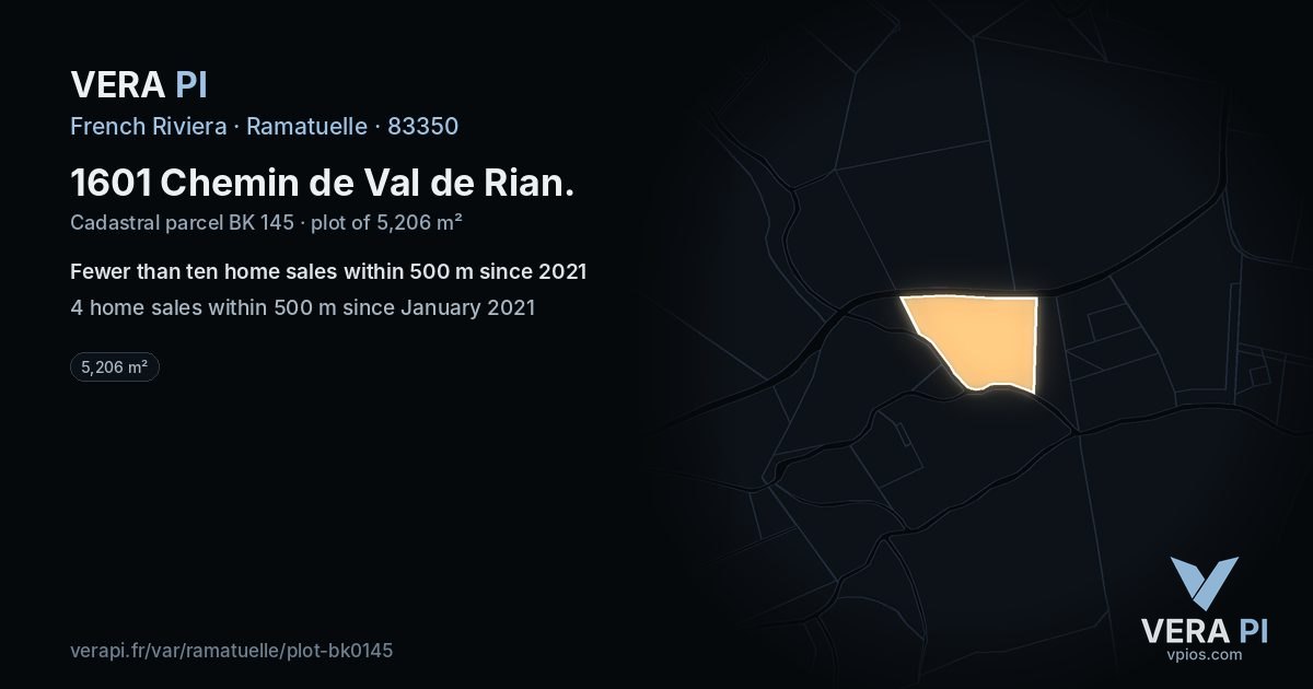 1601 Chemin de Val de Rian, Ramatuelle at night – the plot lit, the parcels around coloured by the prices near them