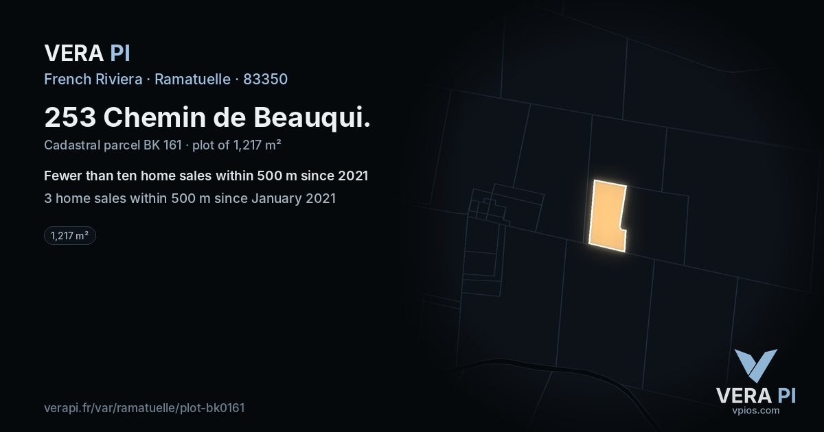 253 Chemin de Beauqui, Ramatuelle at night – the plot lit, the parcels around coloured by the prices near them