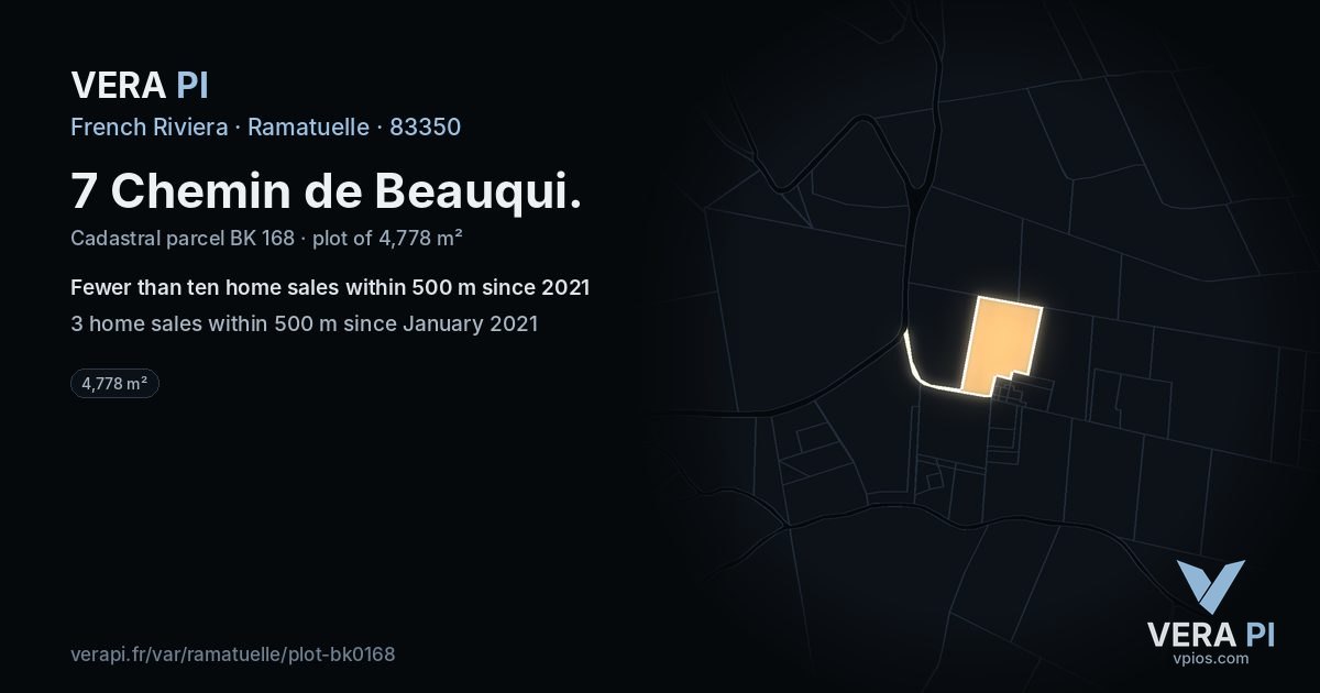 7 Chemin de Beauqui, Ramatuelle at night – the plot lit, the parcels around coloured by the prices near them