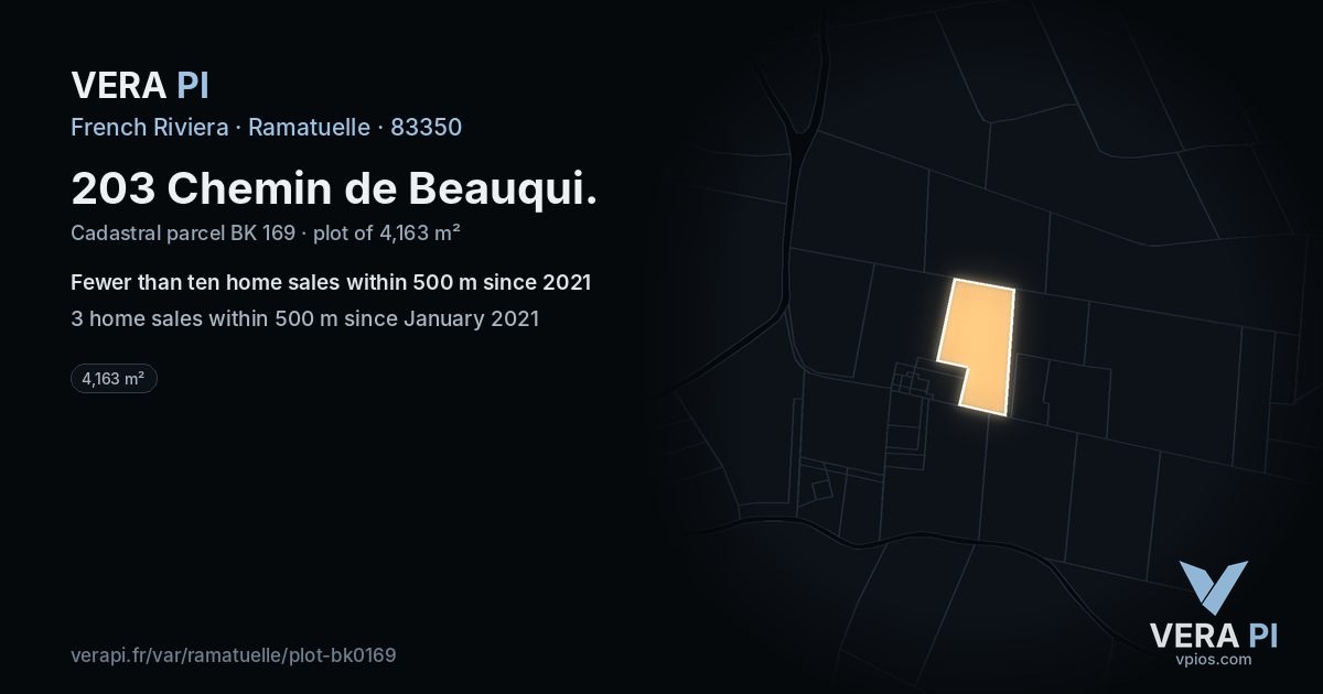 203 Chemin de Beauqui, Ramatuelle at night – the plot lit, the parcels around coloured by the prices near them