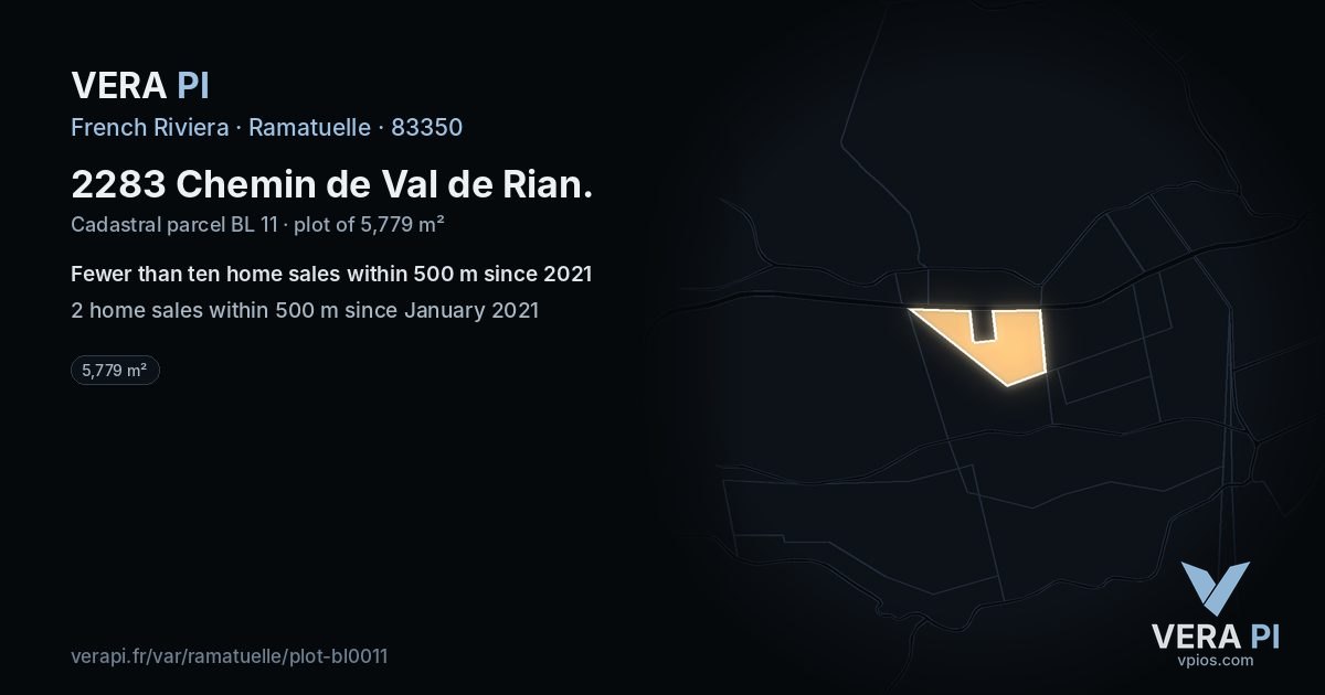 2283 Chemin de Val de Rian, Ramatuelle at night – the plot lit, the parcels around coloured by the prices near them