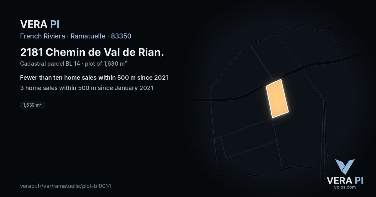 2181 Chemin de Val de Rian, Ramatuelle at night – the plot lit, the parcels around coloured by the prices near them