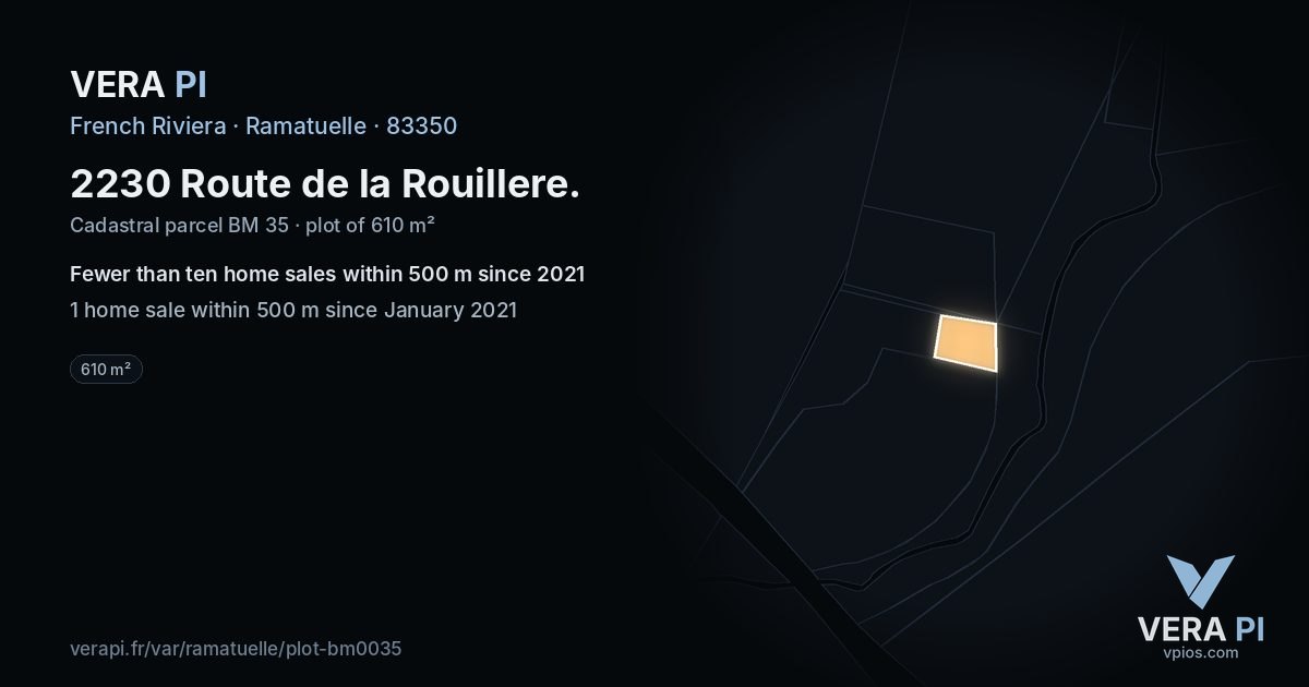 2230 Route de la Rouillere, Ramatuelle at night – the plot lit, the parcels around coloured by the prices near them