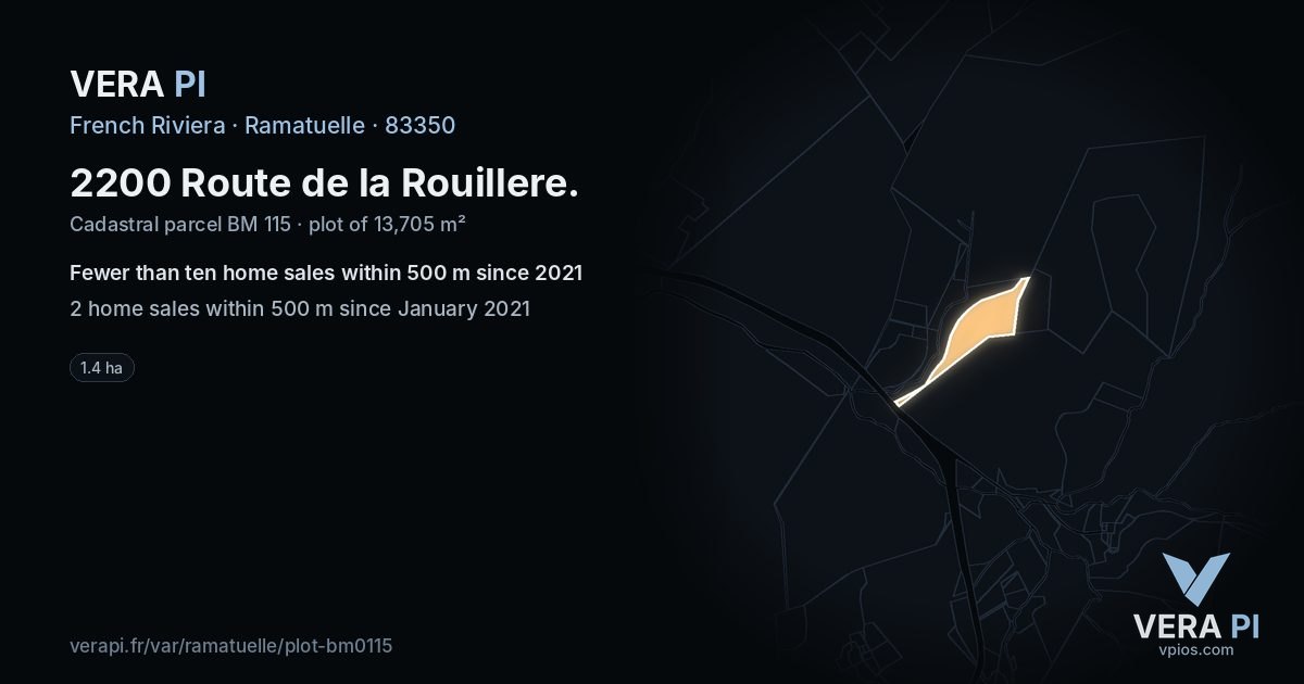 2200 Route de la Rouillere, Ramatuelle at night – the plot lit, the parcels around coloured by the prices near them