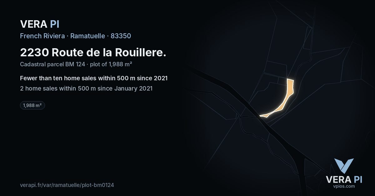 2230 Route de la Rouillere, Ramatuelle at night – the plot lit, the parcels around coloured by the prices near them