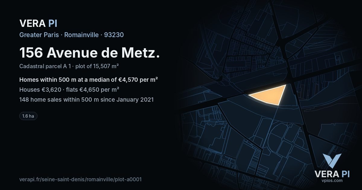 156 Avenue de Metz, Romainville at night – the plot lit, the parcels around coloured by the prices near them
