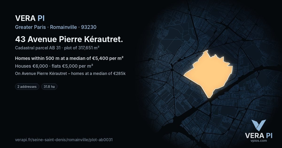 43 Avenue Pierre Kérautret, Romainville at night – the plot lit, the parcels around coloured by the prices near them