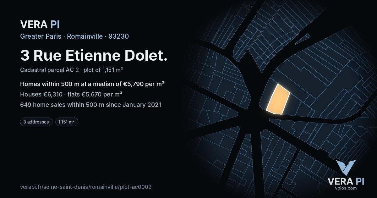 3 Rue Etienne Dolet, Romainville at night – the plot lit, the parcels around coloured by the prices near them