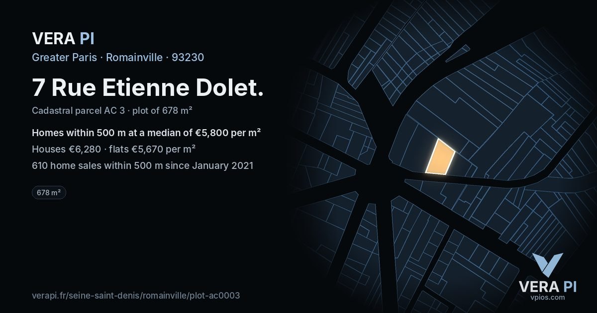 7 Rue Etienne Dolet, Romainville at night – the plot lit, the parcels around coloured by the prices near them