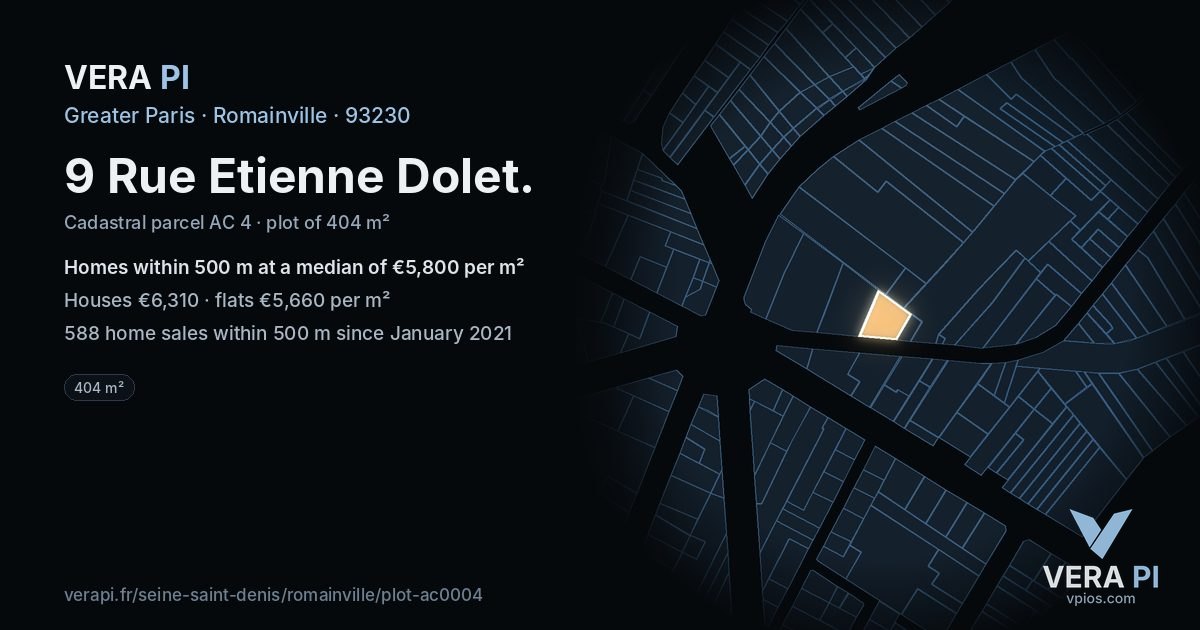 9 Rue Etienne Dolet, Romainville at night – the plot lit, the parcels around coloured by the prices near them