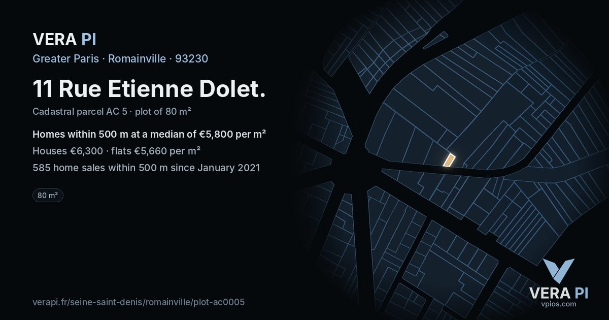 11 Rue Etienne Dolet, Romainville at night – the plot lit, the parcels around coloured by the prices near them