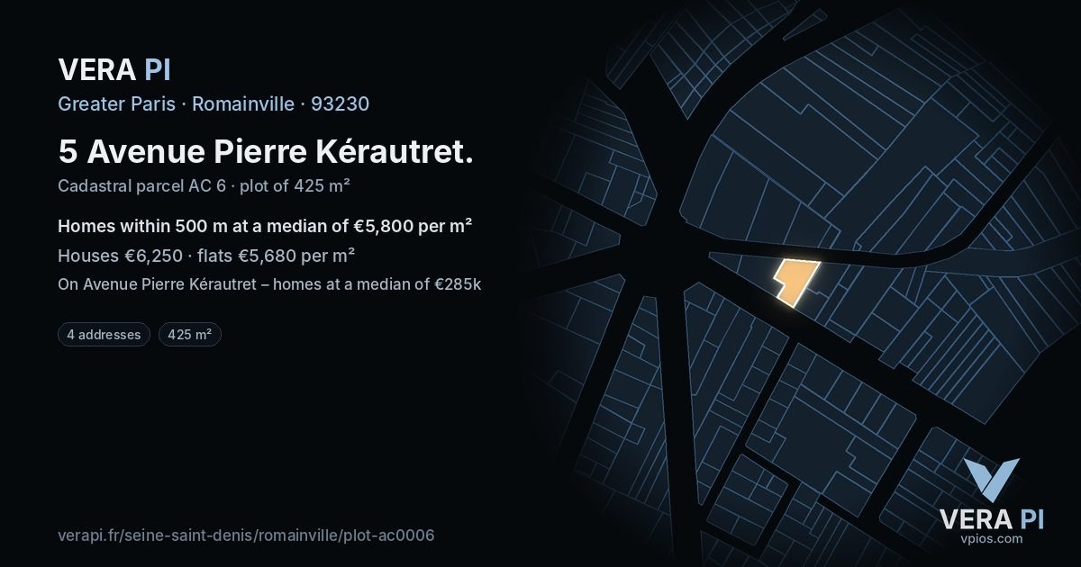 5 Avenue Pierre Kérautret, Romainville at night – the plot lit, the parcels around coloured by the prices near them