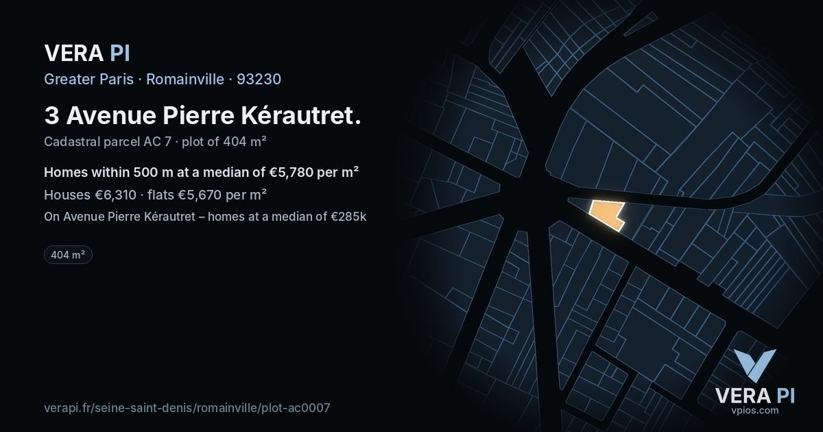 3 Avenue Pierre Kérautret, Romainville at night – the plot lit, the parcels around coloured by the prices near them
