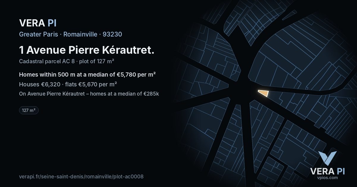 1 Avenue Pierre Kérautret, Romainville at night – the plot lit, the parcels around coloured by the prices near them