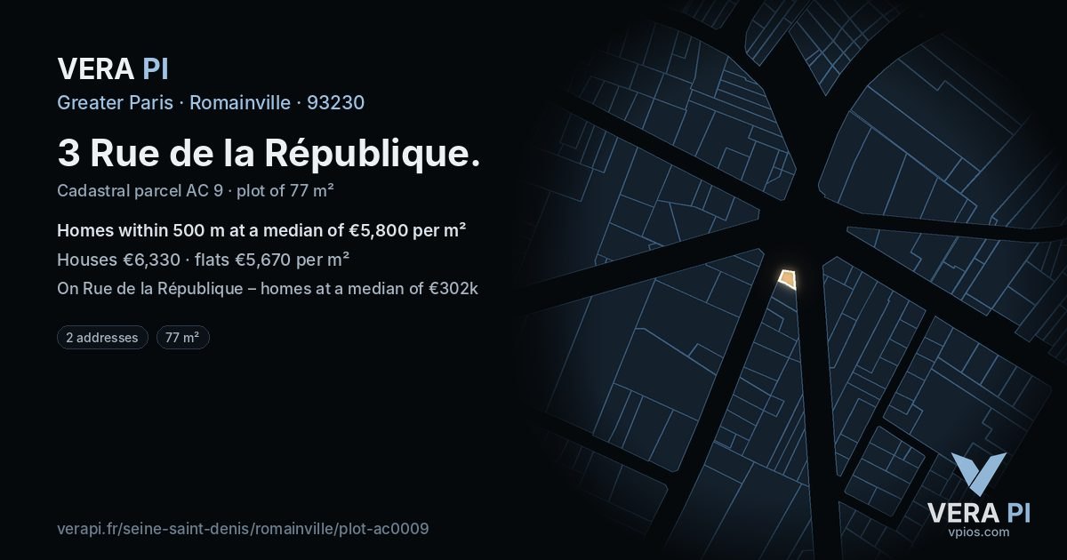3 Rue de la République, Romainville at night – the plot lit, the parcels around coloured by the prices near them