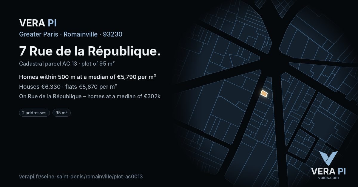 7 Rue de la République, Romainville at night – the plot lit, the parcels around coloured by the prices near them