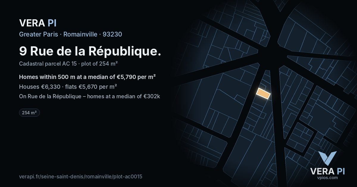 9 Rue de la République, Romainville at night – the plot lit, the parcels around coloured by the prices near them