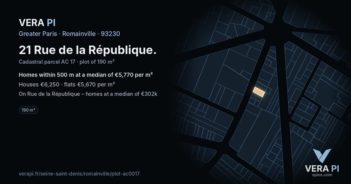 21 Rue de la République, Romainville at night – the plot lit, the parcels around coloured by the prices near them