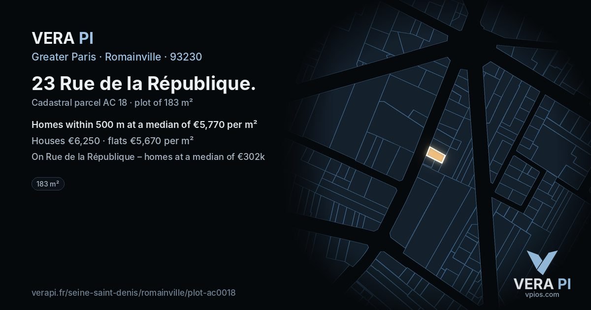 23 Rue de la République, Romainville at night – the plot lit, the parcels around coloured by the prices near them