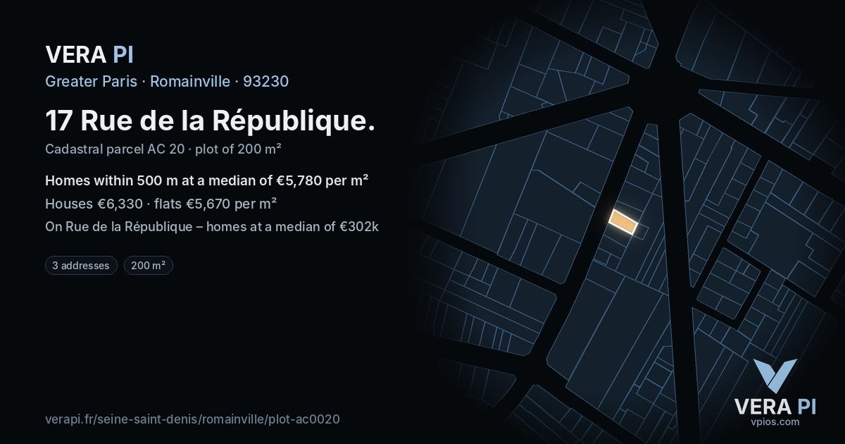 17 Rue de la République, Romainville at night – the plot lit, the parcels around coloured by the prices near them