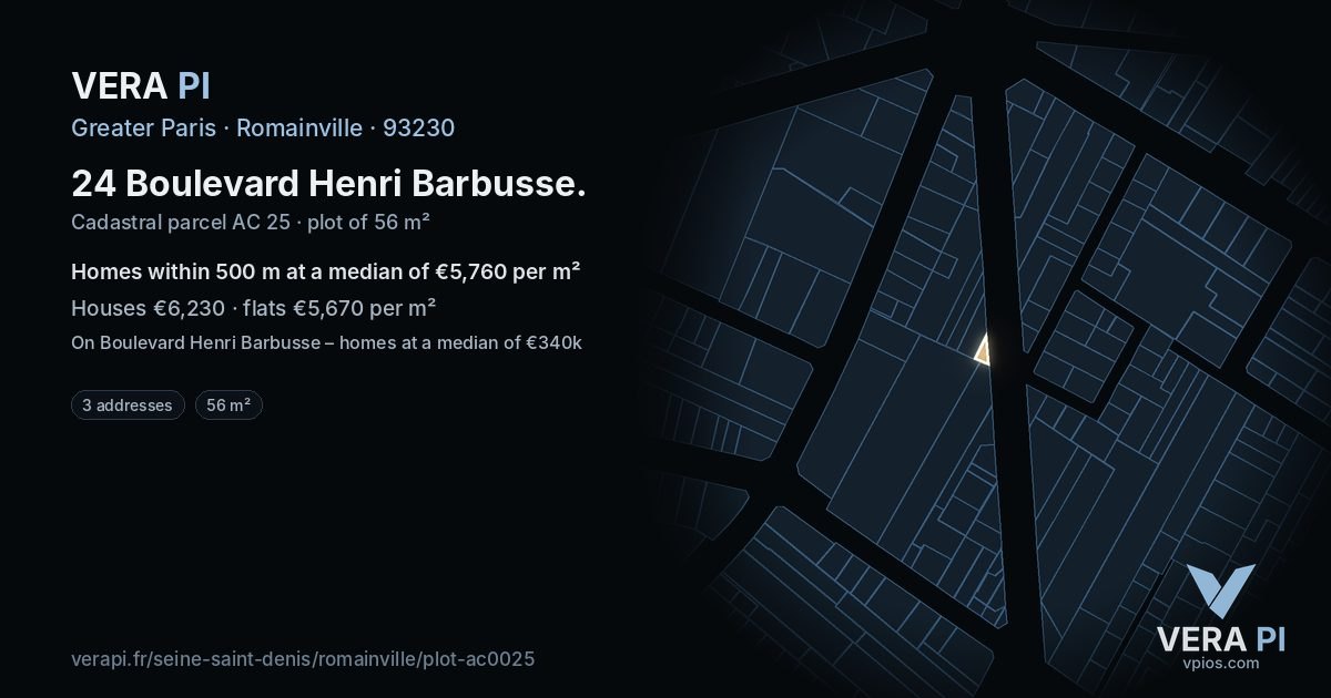 24 Boulevard Henri Barbusse, Romainville at night – the plot lit, the parcels around coloured by the prices near them