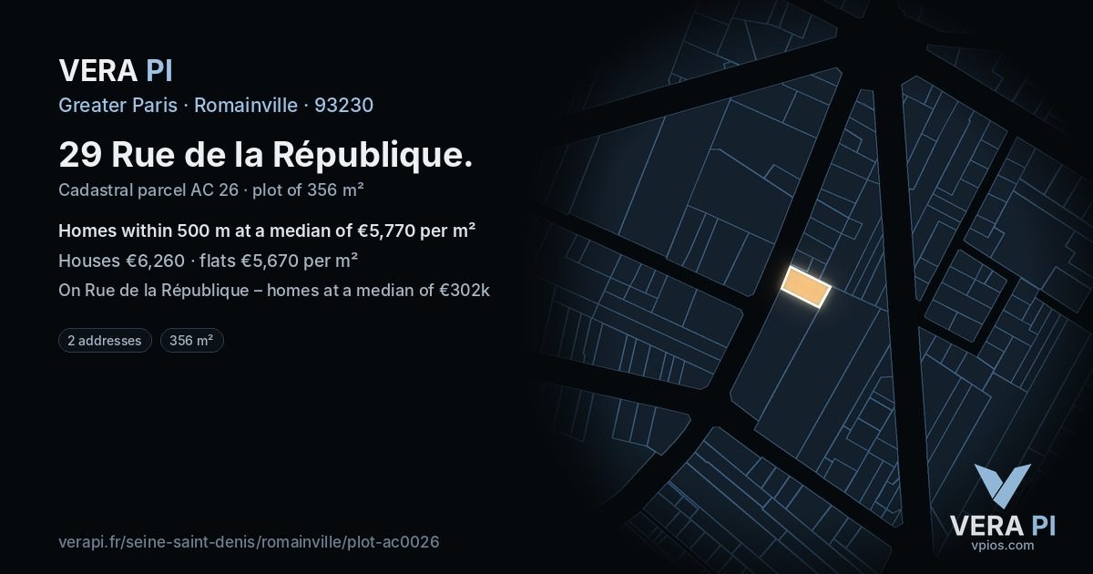 29 Rue de la République, Romainville at night – the plot lit, the parcels around coloured by the prices near them