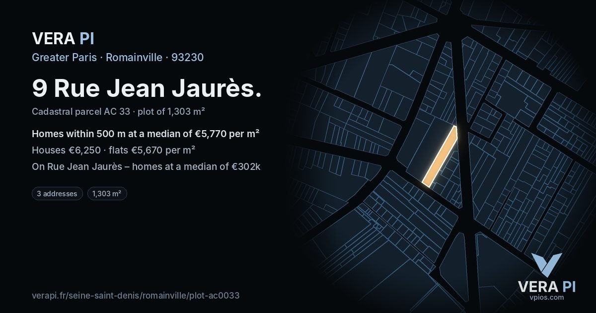 9 Rue Jean Jaurès, Romainville at night – the plot lit, the parcels around coloured by the prices near them