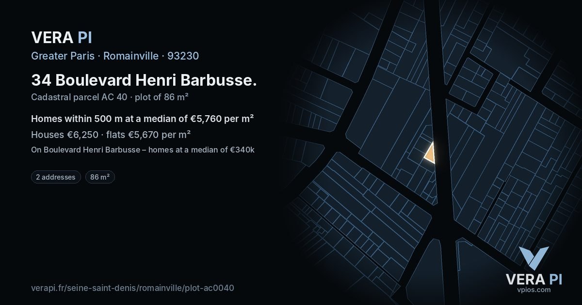 34 Boulevard Henri Barbusse, Romainville at night – the plot lit, the parcels around coloured by the prices near them
