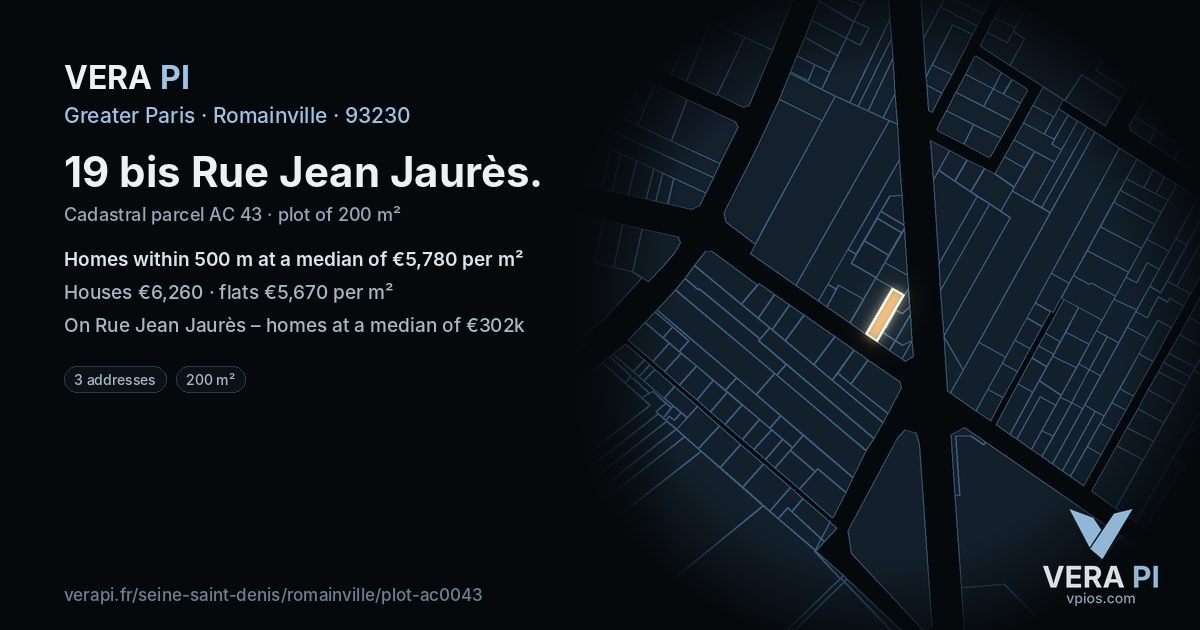 19 bis Rue Jean Jaurès, Romainville at night – the plot lit, the parcels around coloured by the prices near them