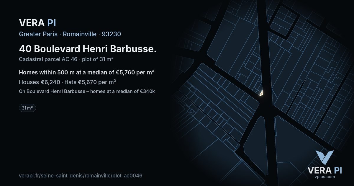 40 Boulevard Henri Barbusse, Romainville at night – the plot lit, the parcels around coloured by the prices near them