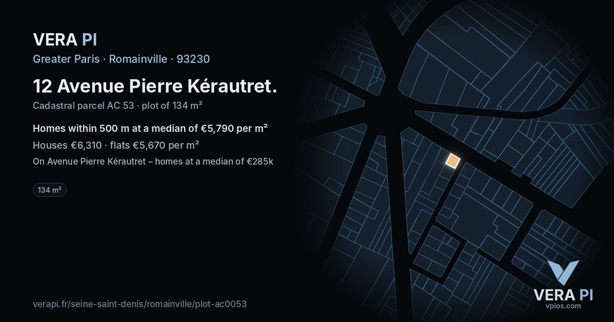 12 Avenue Pierre Kérautret, Romainville at night – the plot lit, the parcels around coloured by the prices near them
