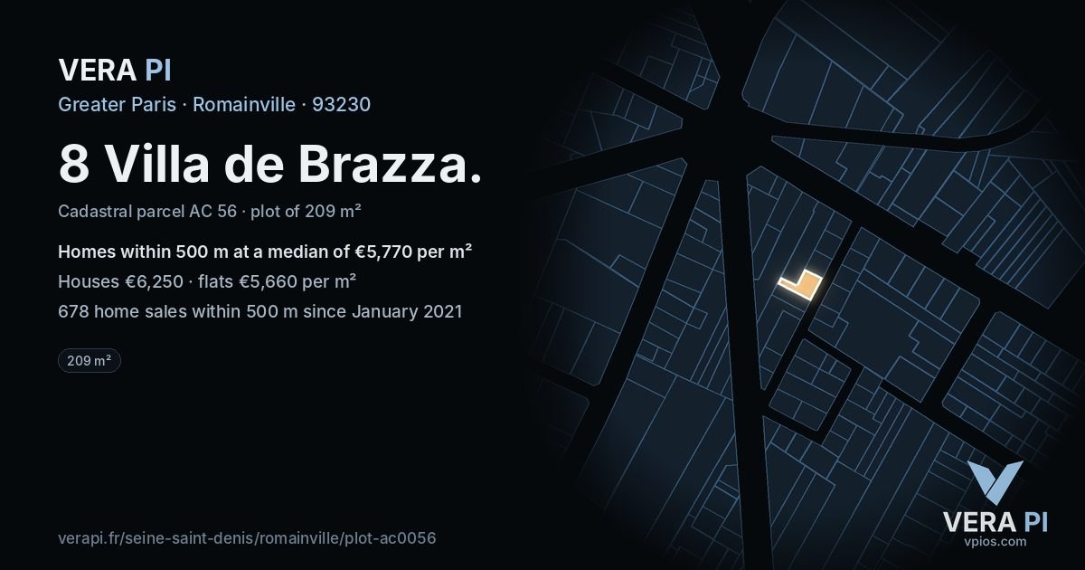 8 Villa de Brazza, Romainville at night – the plot lit, the parcels around coloured by the prices near them