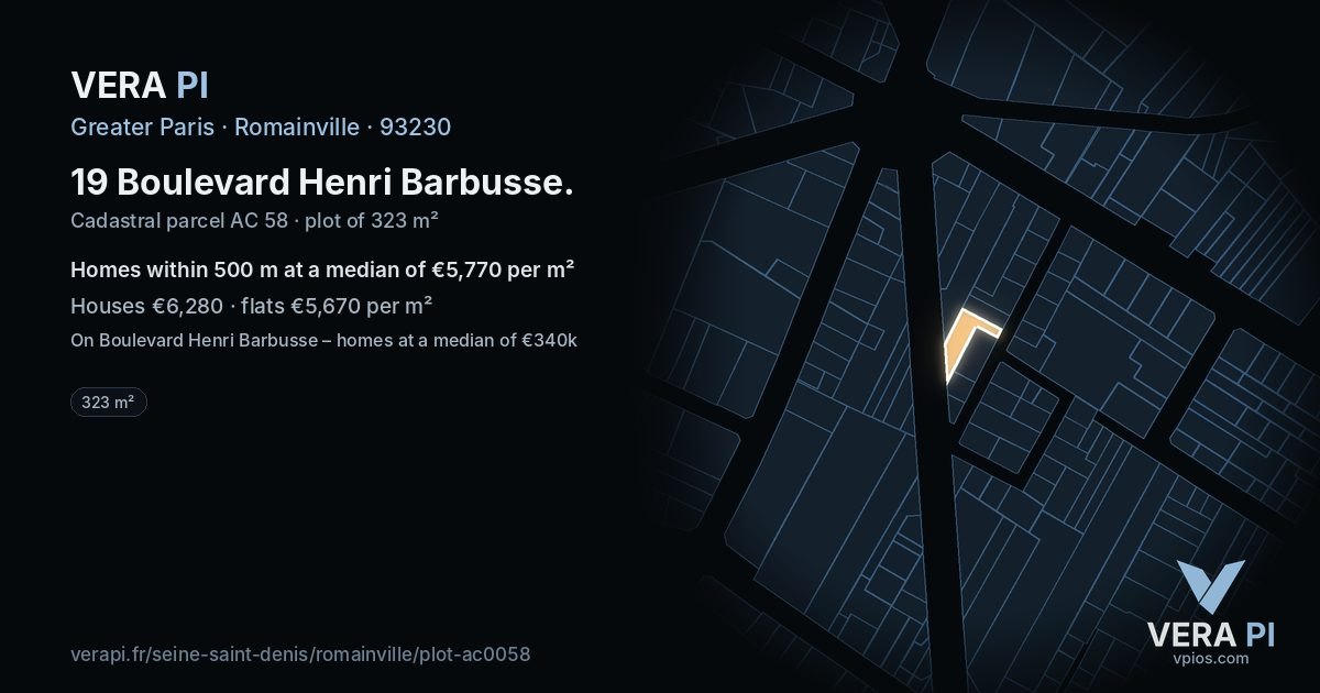 19 Boulevard Henri Barbusse, Romainville at night – the plot lit, the parcels around coloured by the prices near them