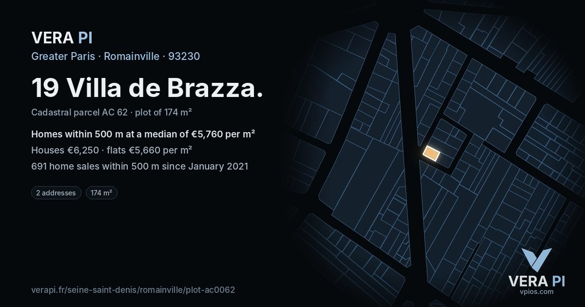 19 Villa de Brazza, Romainville at night – the plot lit, the parcels around coloured by the prices near them