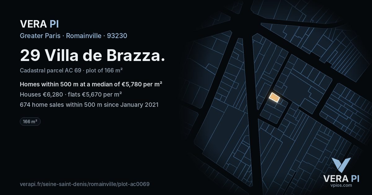 29 Villa de Brazza, Romainville at night – the plot lit, the parcels around coloured by the prices near them