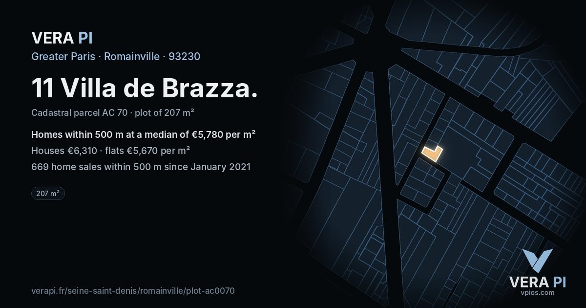 11 Villa de Brazza, Romainville at night – the plot lit, the parcels around coloured by the prices near them