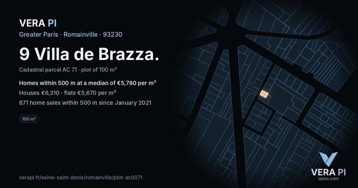 9 Villa de Brazza, Romainville at night – the plot lit, the parcels around coloured by the prices near them