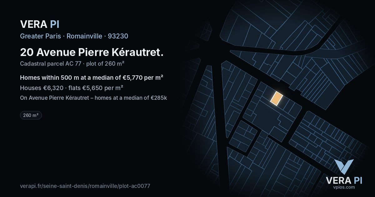 20 Avenue Pierre Kérautret, Romainville at night – the plot lit, the parcels around coloured by the prices near them