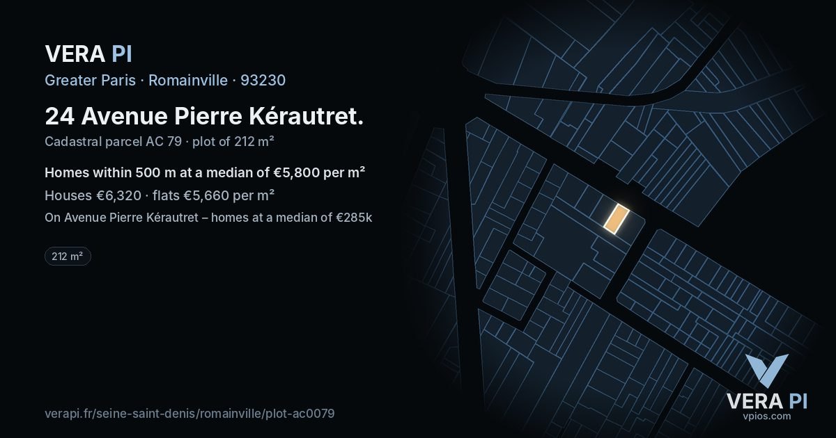24 Avenue Pierre Kérautret, Romainville at night – the plot lit, the parcels around coloured by the prices near them