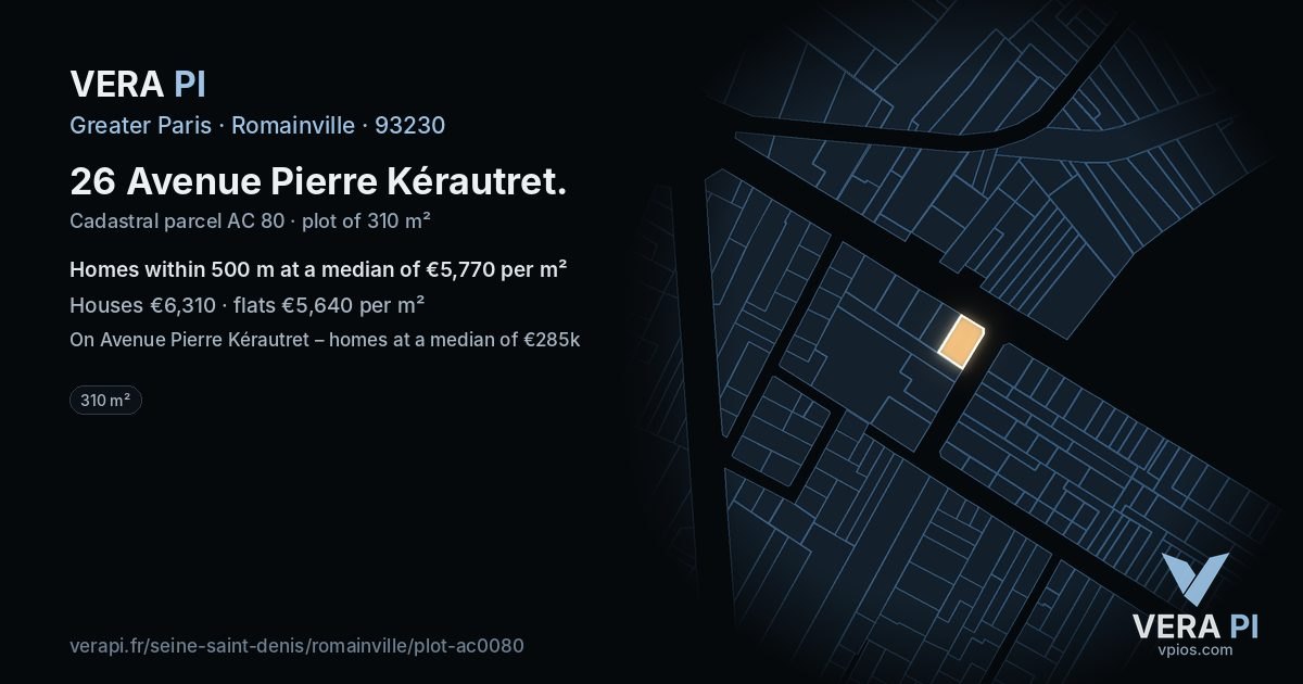 26 Avenue Pierre Kérautret, Romainville at night – the plot lit, the parcels around coloured by the prices near them