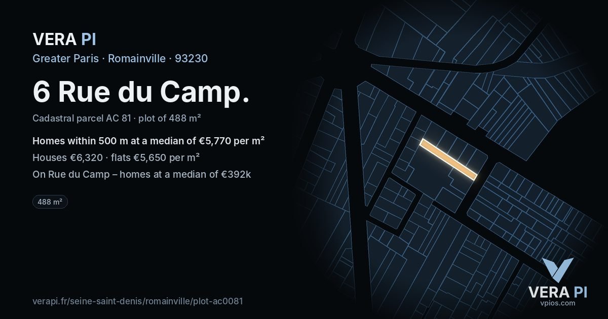 6 Rue du Camp, Romainville at night – the plot lit, the parcels around coloured by the prices near them