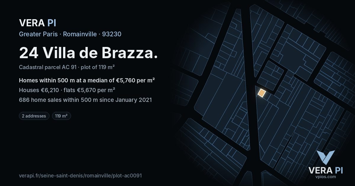 24 Villa de Brazza, Romainville at night – the plot lit, the parcels around coloured by the prices near them