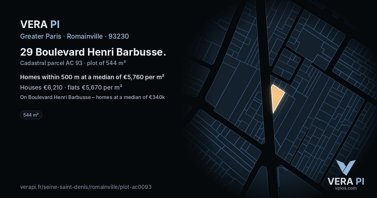 29 Boulevard Henri Barbusse, Romainville at night – the plot lit, the parcels around coloured by the prices near them
