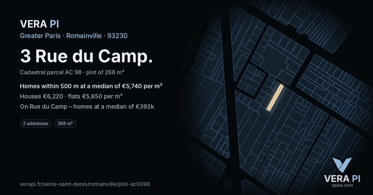 3 Rue du Camp, Romainville at night – the plot lit, the parcels around coloured by the prices near them