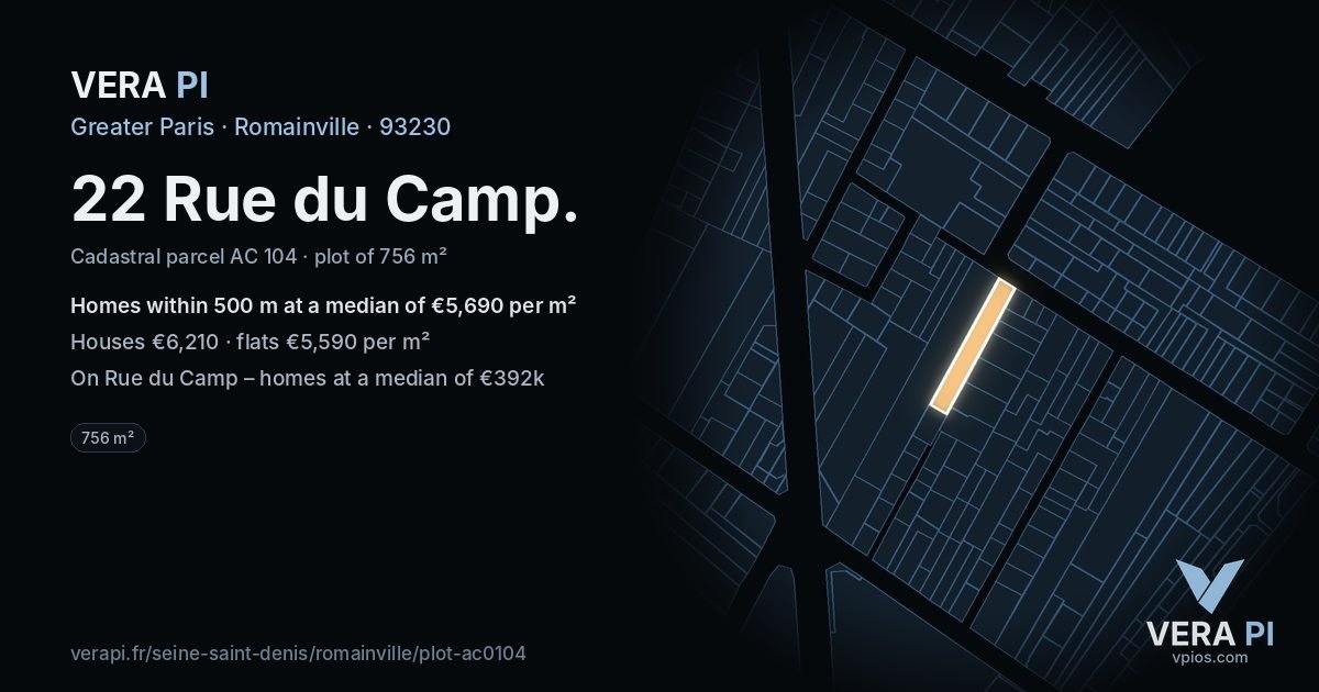 22 Rue du Camp, Romainville at night – the plot lit, the parcels around coloured by the prices near them