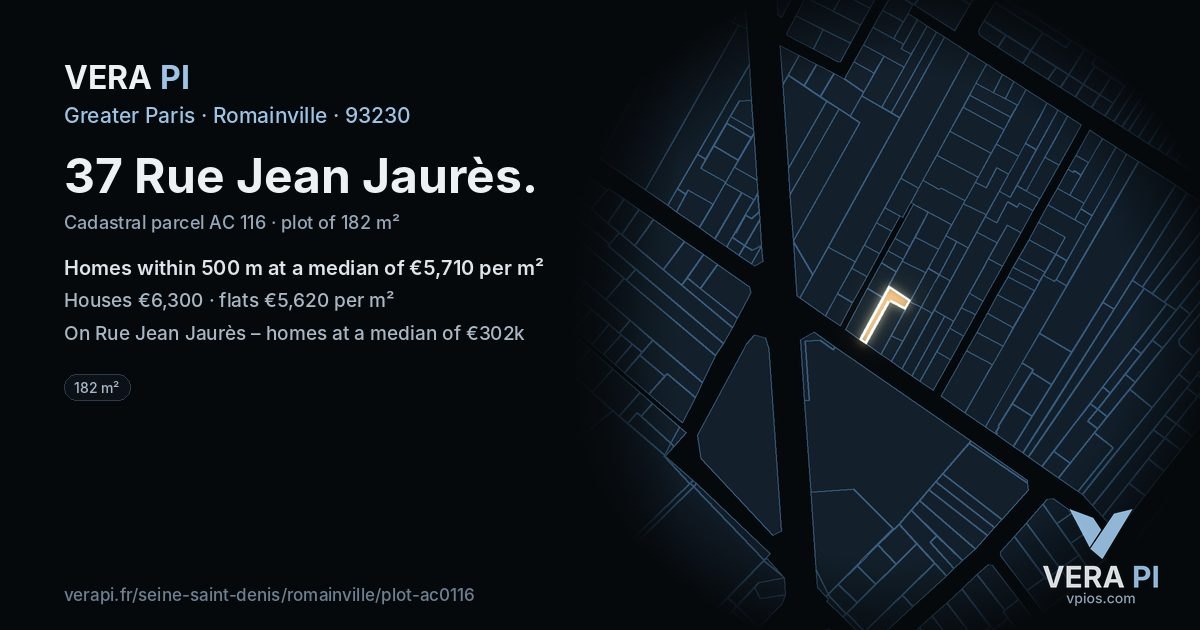 37 Rue Jean Jaurès, Romainville at night – the plot lit, the parcels around coloured by the prices near them
