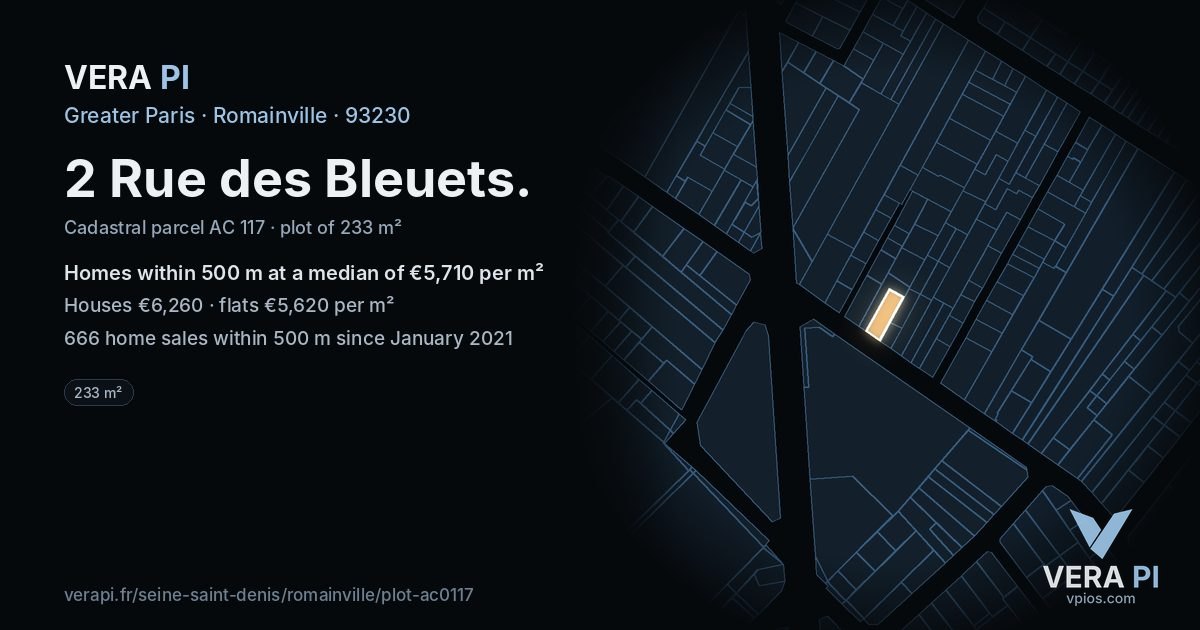2 Rue des Bleuets, Romainville at night – the plot lit, the parcels around coloured by the prices near them