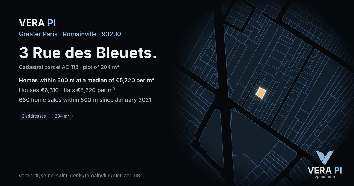 3 Rue des Bleuets, Romainville at night – the plot lit, the parcels around coloured by the prices near them